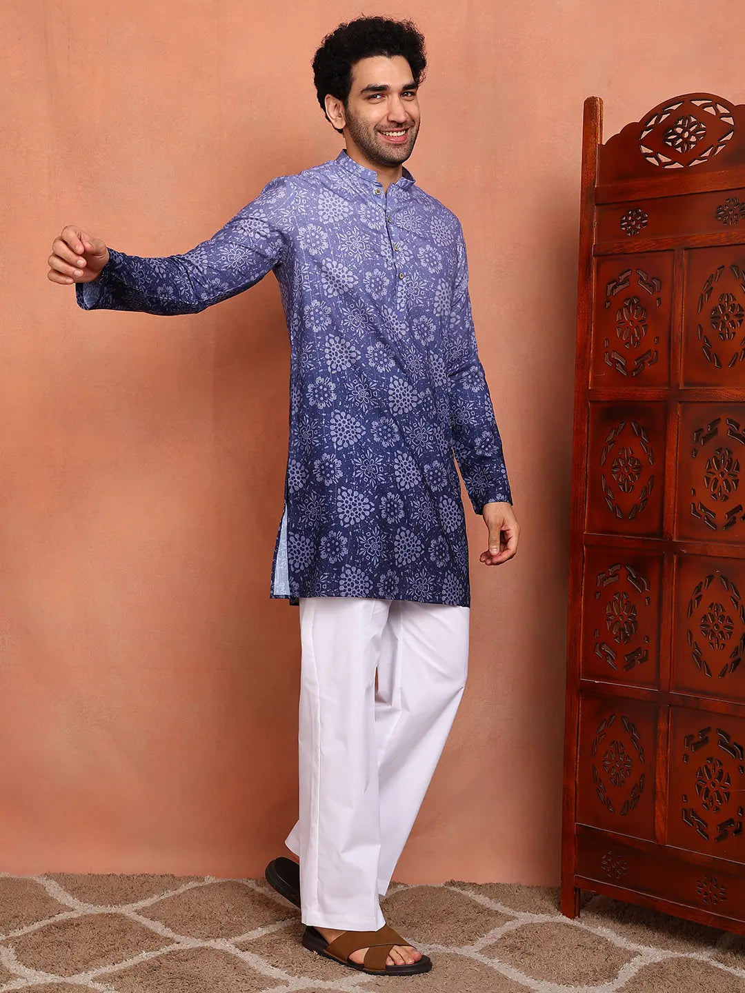 Men Blue Cotton Silk Ombre Printed Straight Kurta