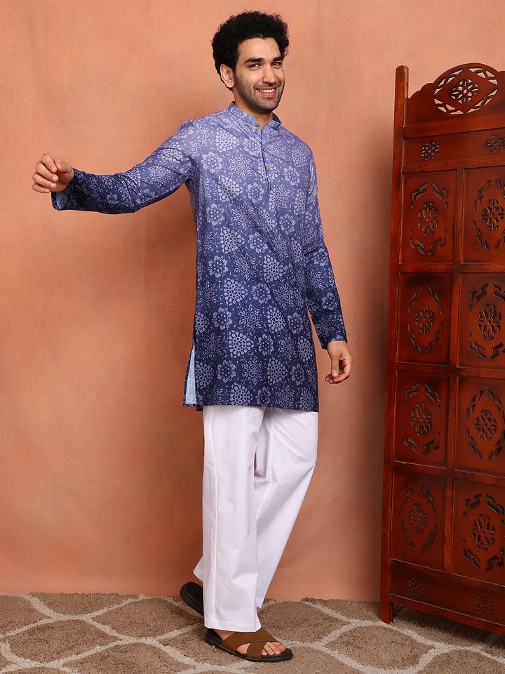 Men Blue Cotton Silk Ombre Printed Straight Kurta
