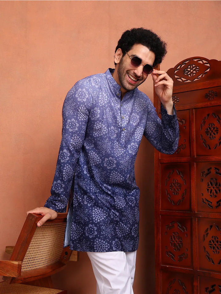 Men Blue Cotton Silk Ombre Printed Straight Kurta