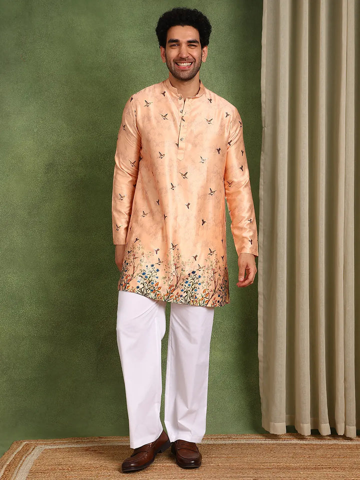 Men Pink Floral Printed Chanderi Silk Kurta