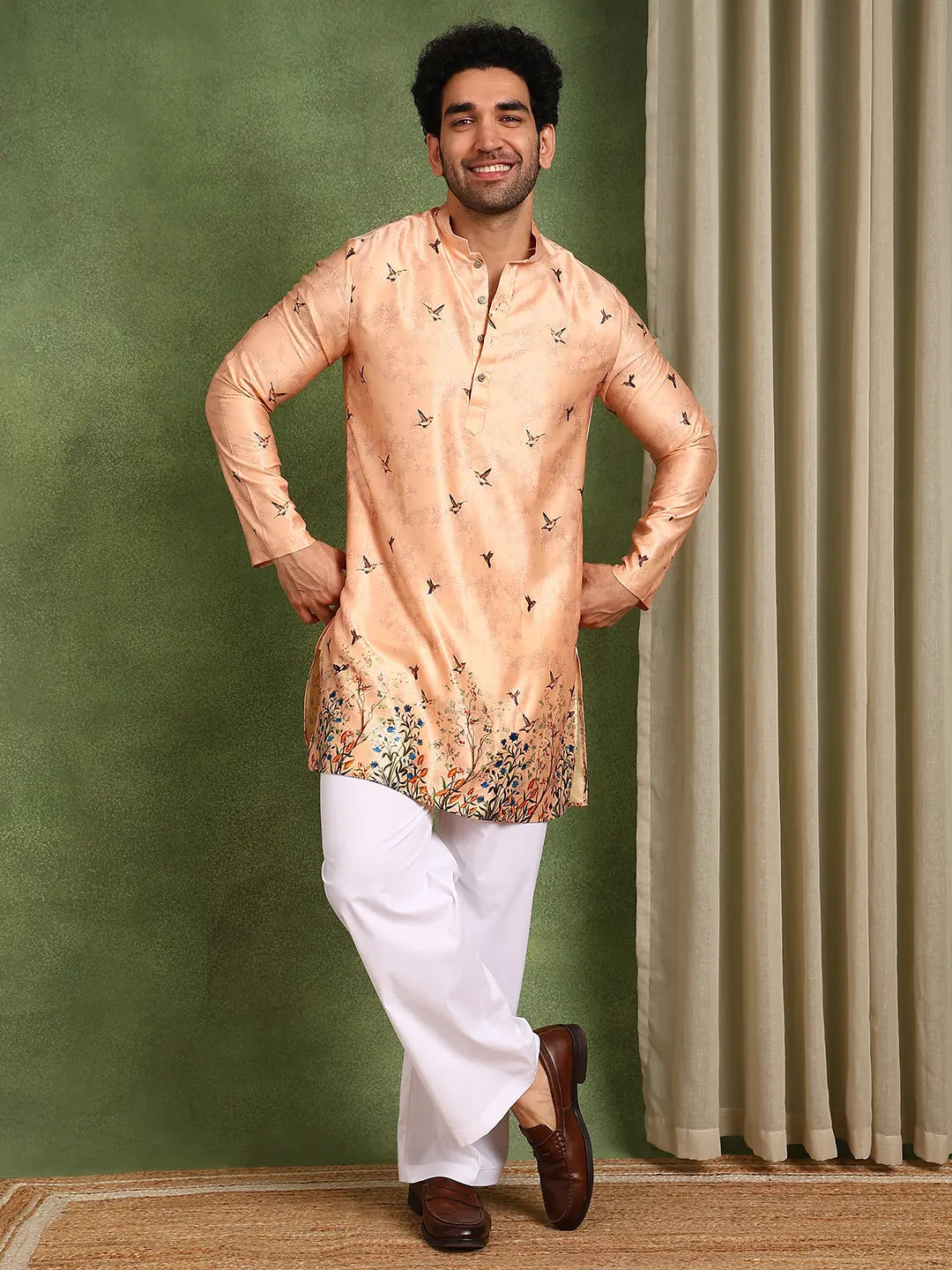 Men Pink Floral Printed Chanderi Silk Kurta