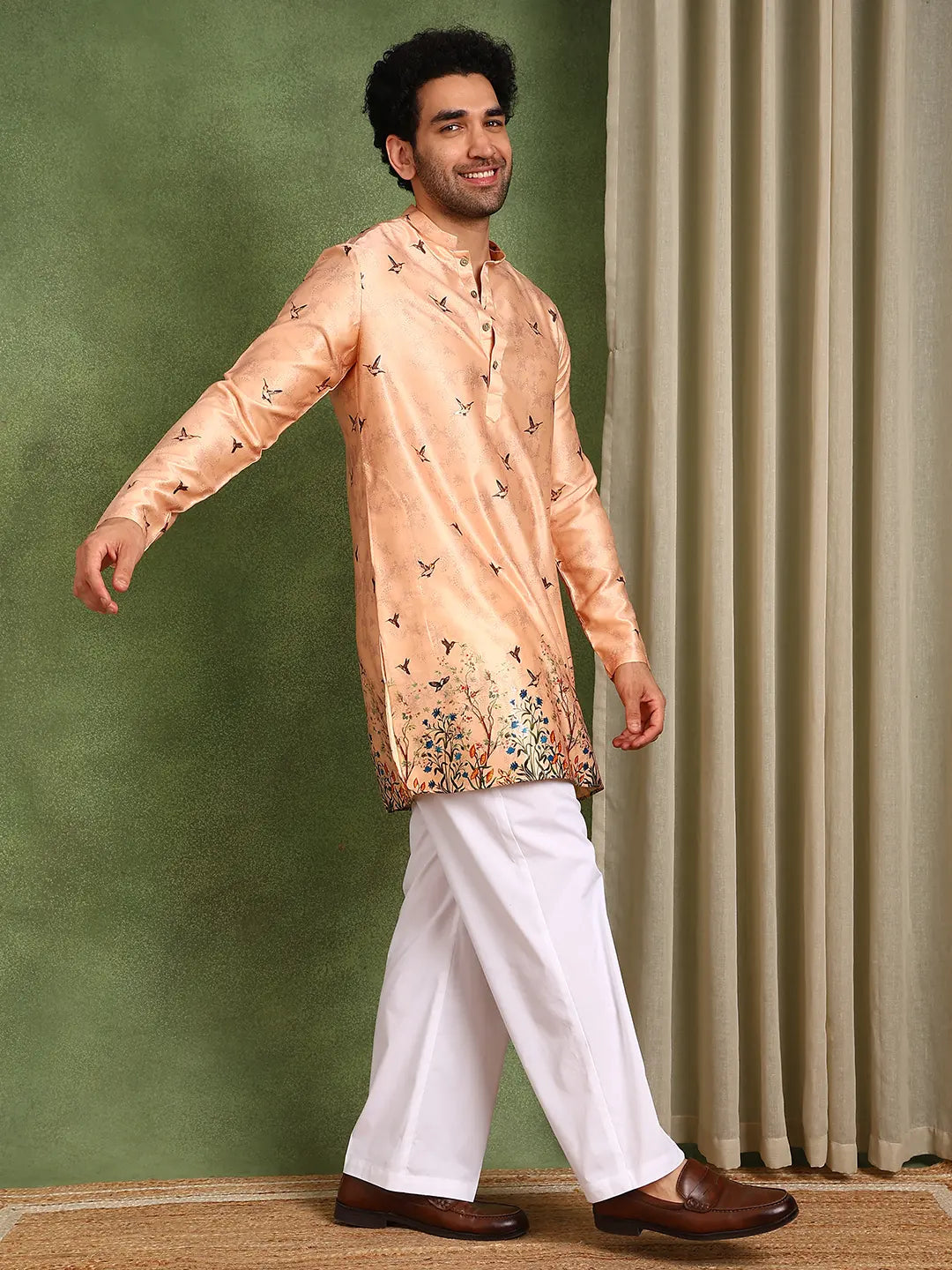 Men Pink Floral Printed Chanderi Silk Kurta