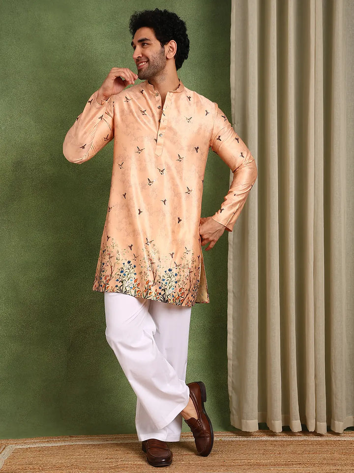Men Pink Floral Printed Chanderi Silk Kurta