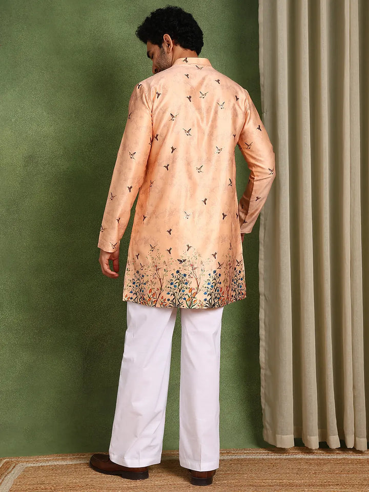 Men Pink Floral Printed Chanderi Silk Kurta