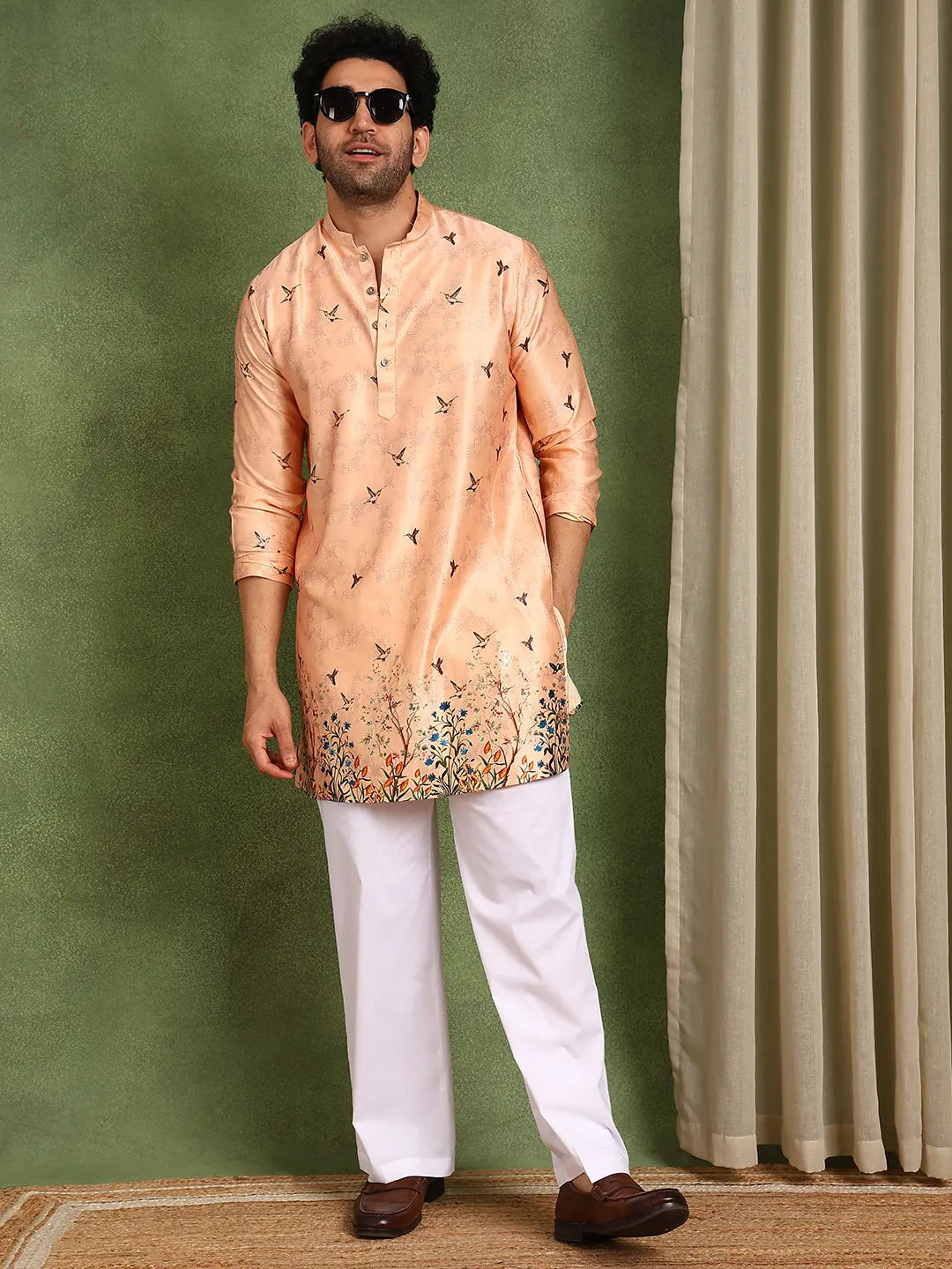 Men Pink Floral Printed Chanderi Silk Kurta