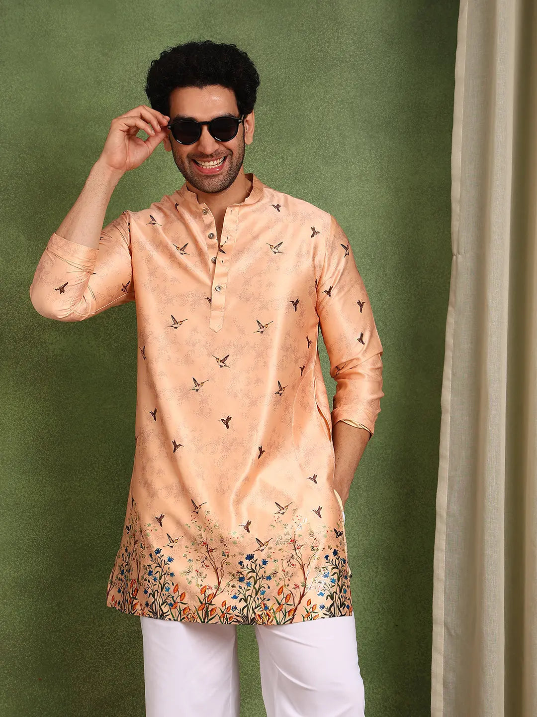 Men Pink Floral Printed Chanderi Silk Kurta