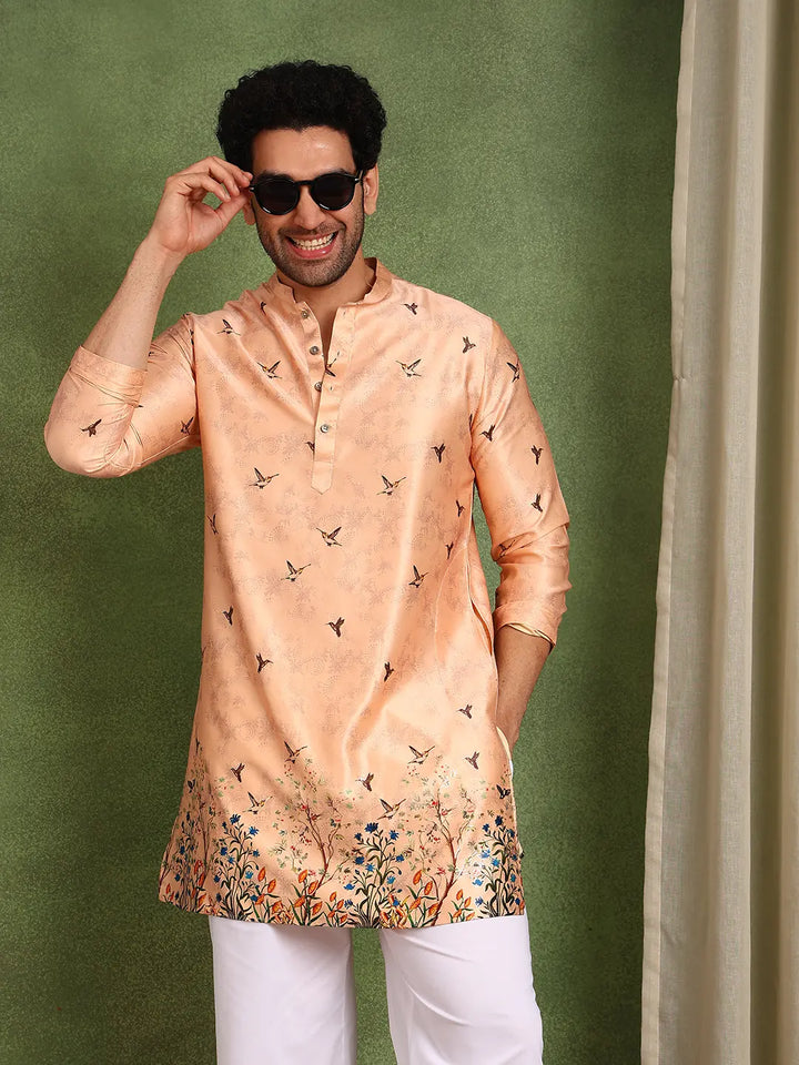 Men Pink Floral Printed Chanderi Silk Kurta