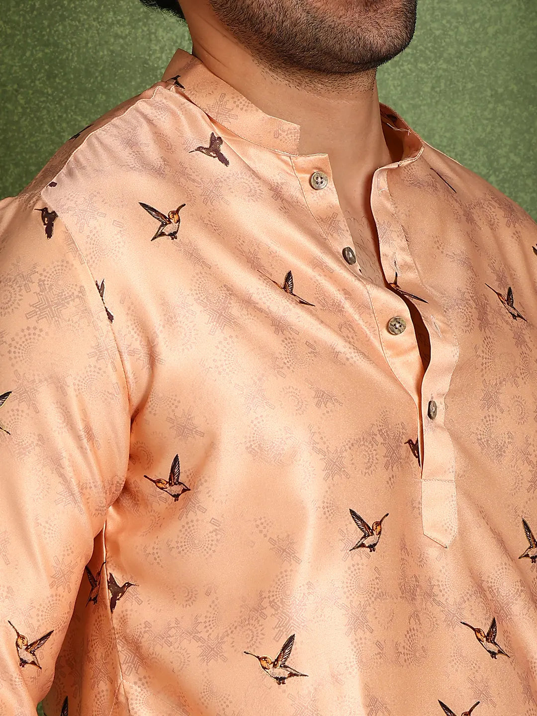 Men Pink Floral Printed Chanderi Silk Kurta