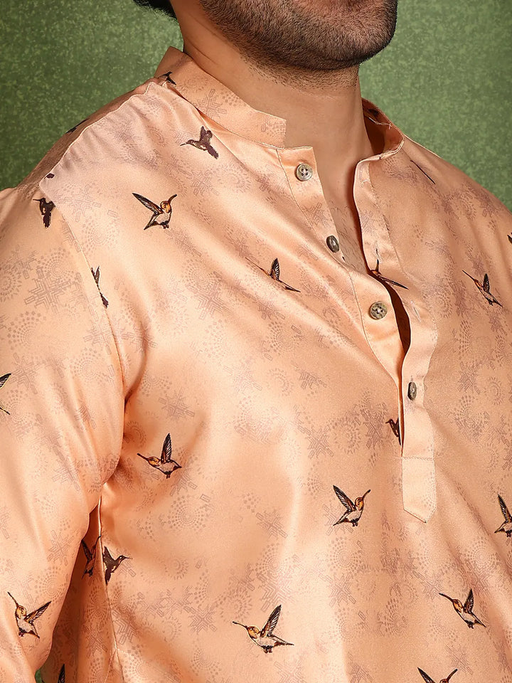 Men Pink Floral Printed Chanderi Silk Kurta