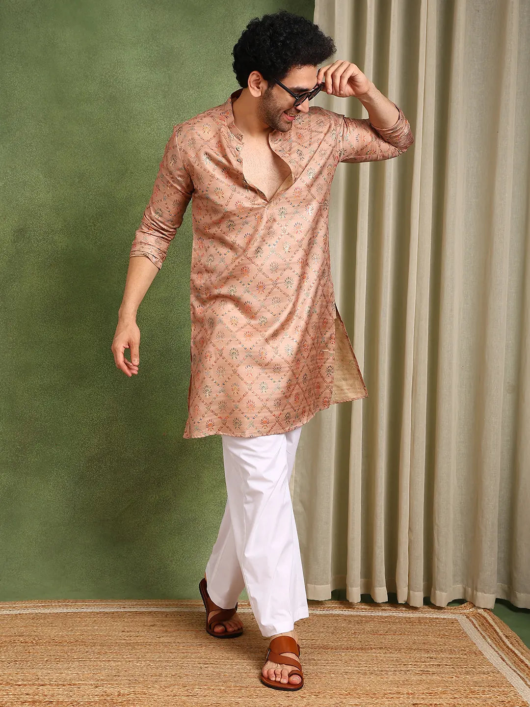 Men Pink Chanderi Silk Kurta