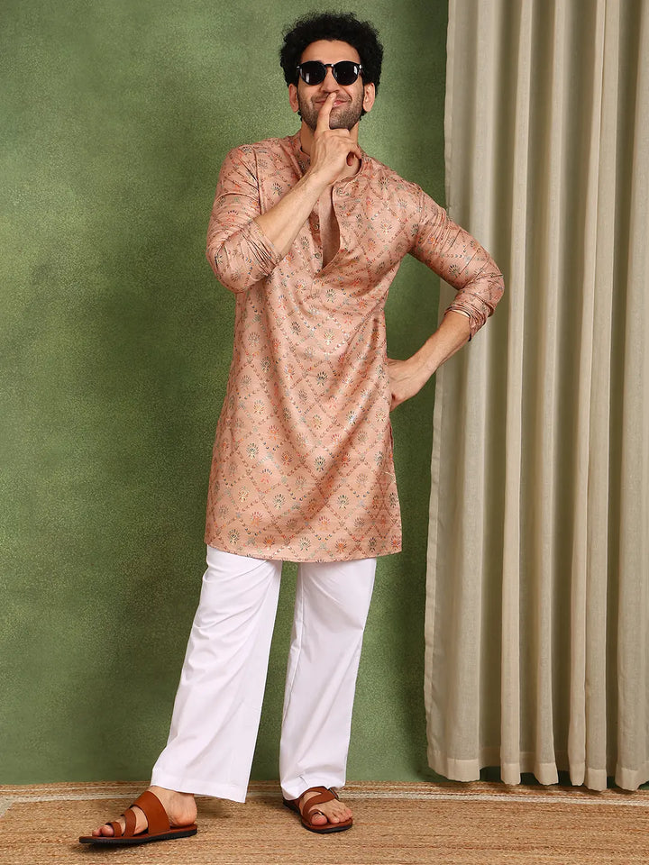 Men Pink Chanderi Silk Kurta