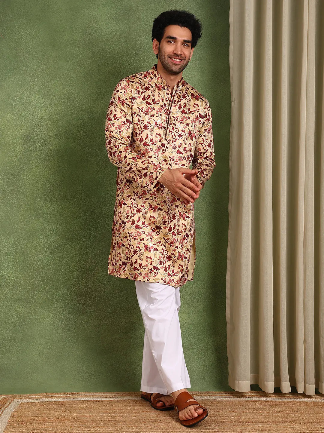Men Beige Floral Printed Floral Satin Kurta