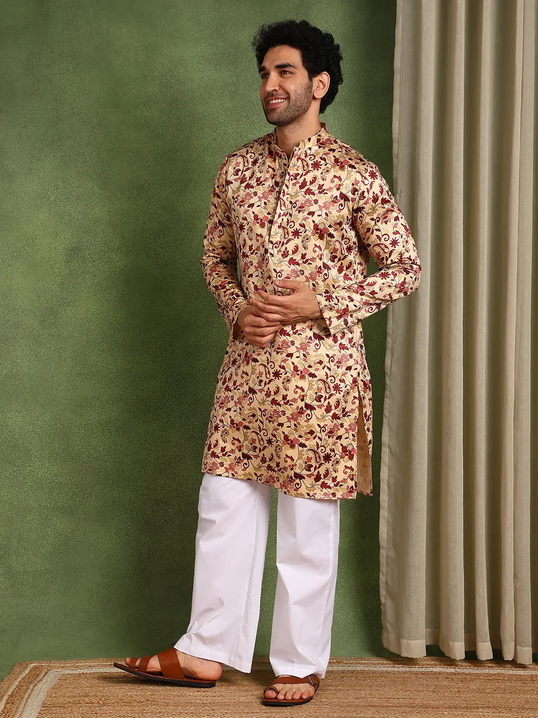 Men Beige Floral Printed Floral Satin Kurta