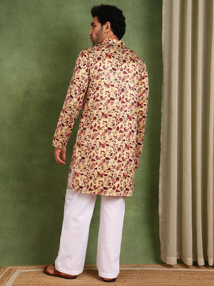 Men Beige Floral Printed Floral Satin Kurta