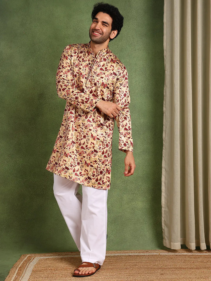 Men Beige Floral Printed Floral Satin Kurta