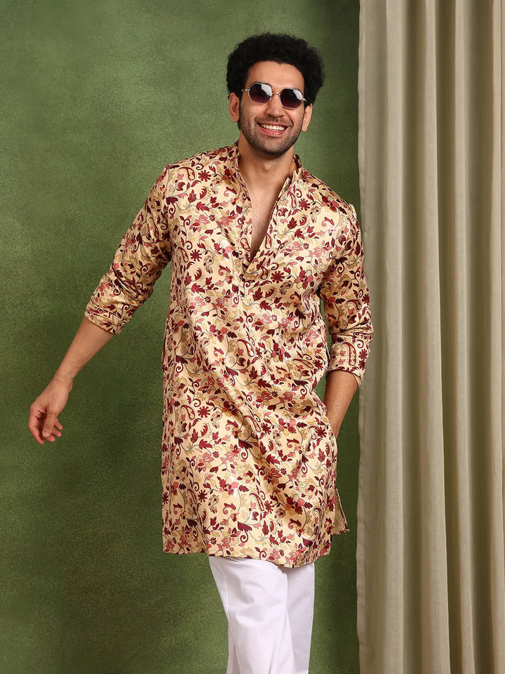 Men Beige Floral Printed Floral Satin Kurta