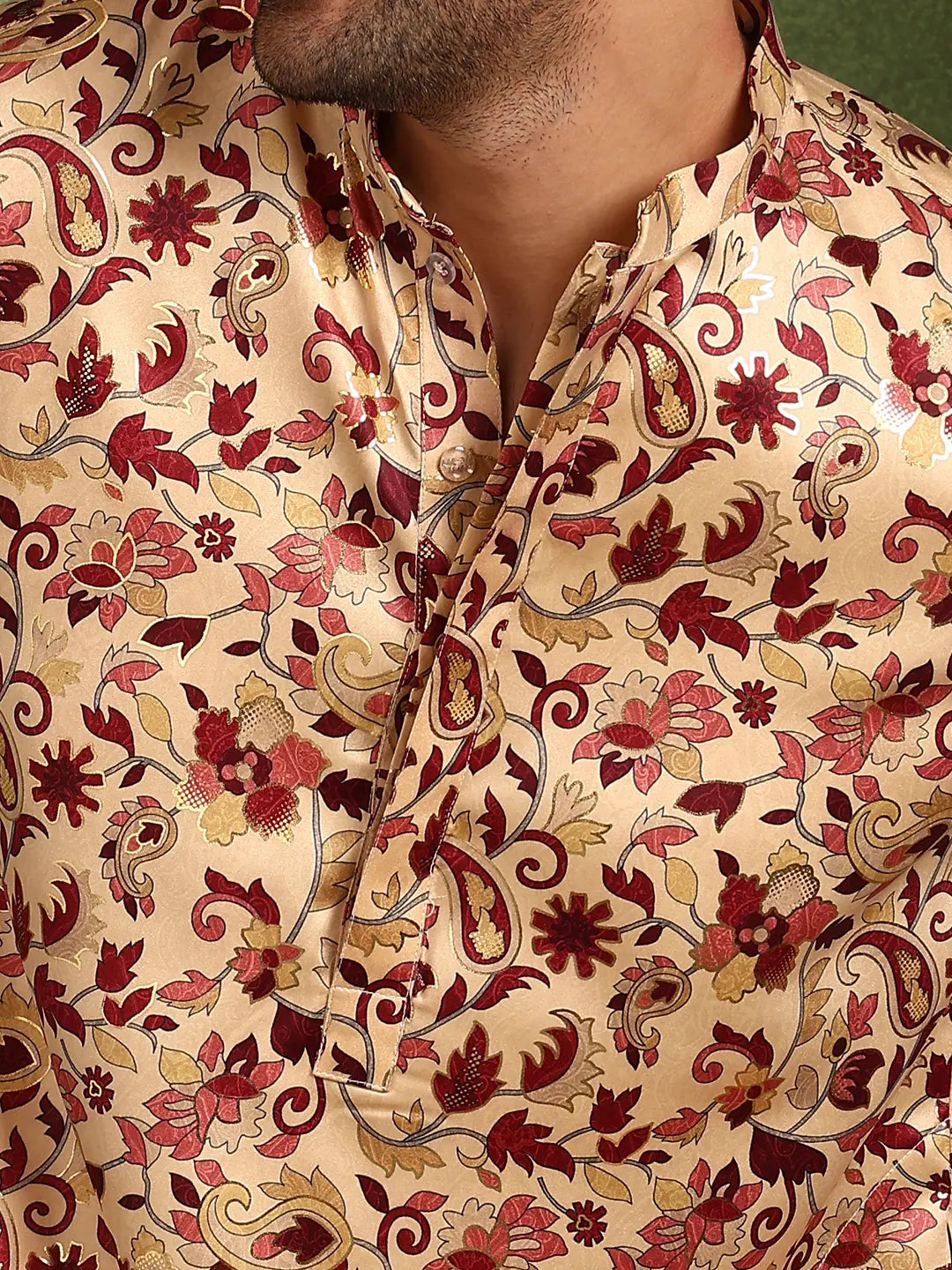 Men Beige Floral Printed Floral Satin Kurta