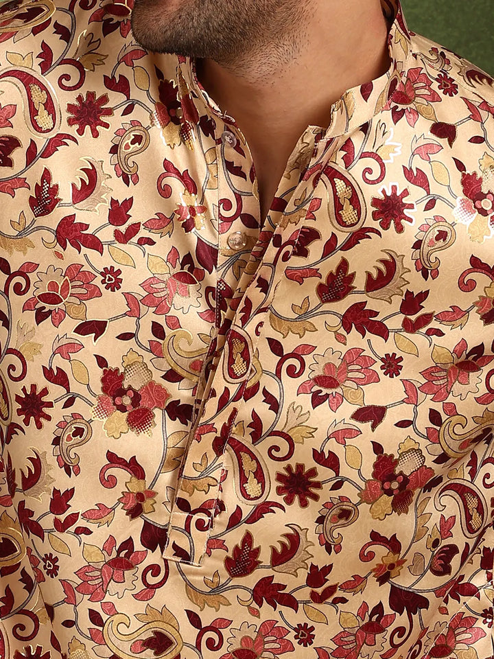 Men Beige Floral Printed Floral Satin Kurta
