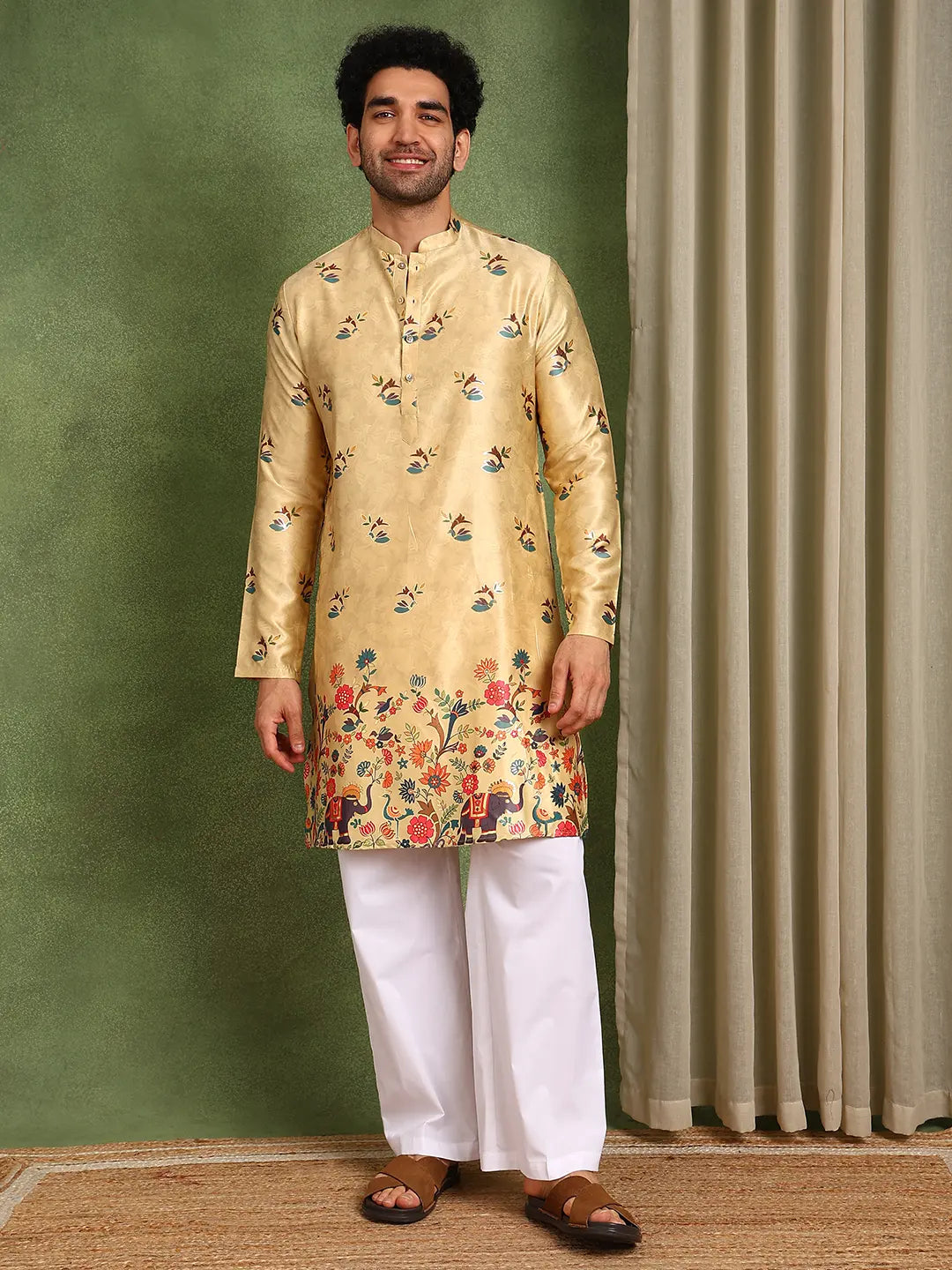 Men Beige Ethnic Motifs Printed Indie Prints Chanderi Silk Kurta
