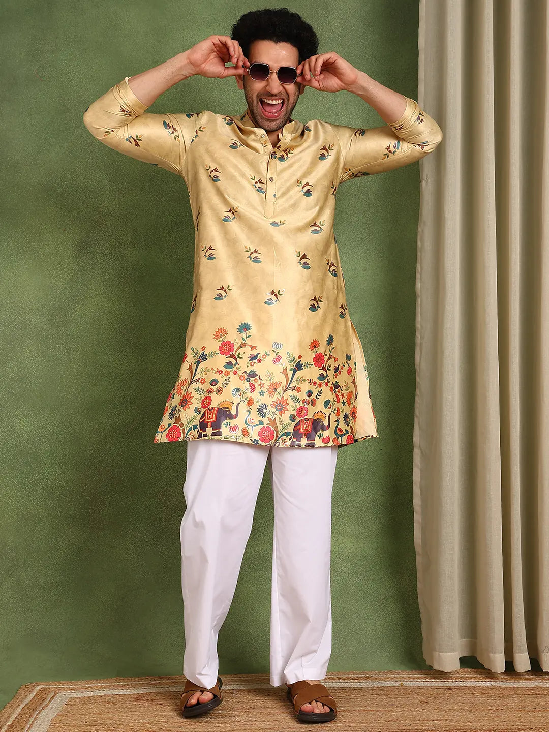 Men Beige Ethnic Motifs Printed Indie Prints Chanderi Silk Kurta