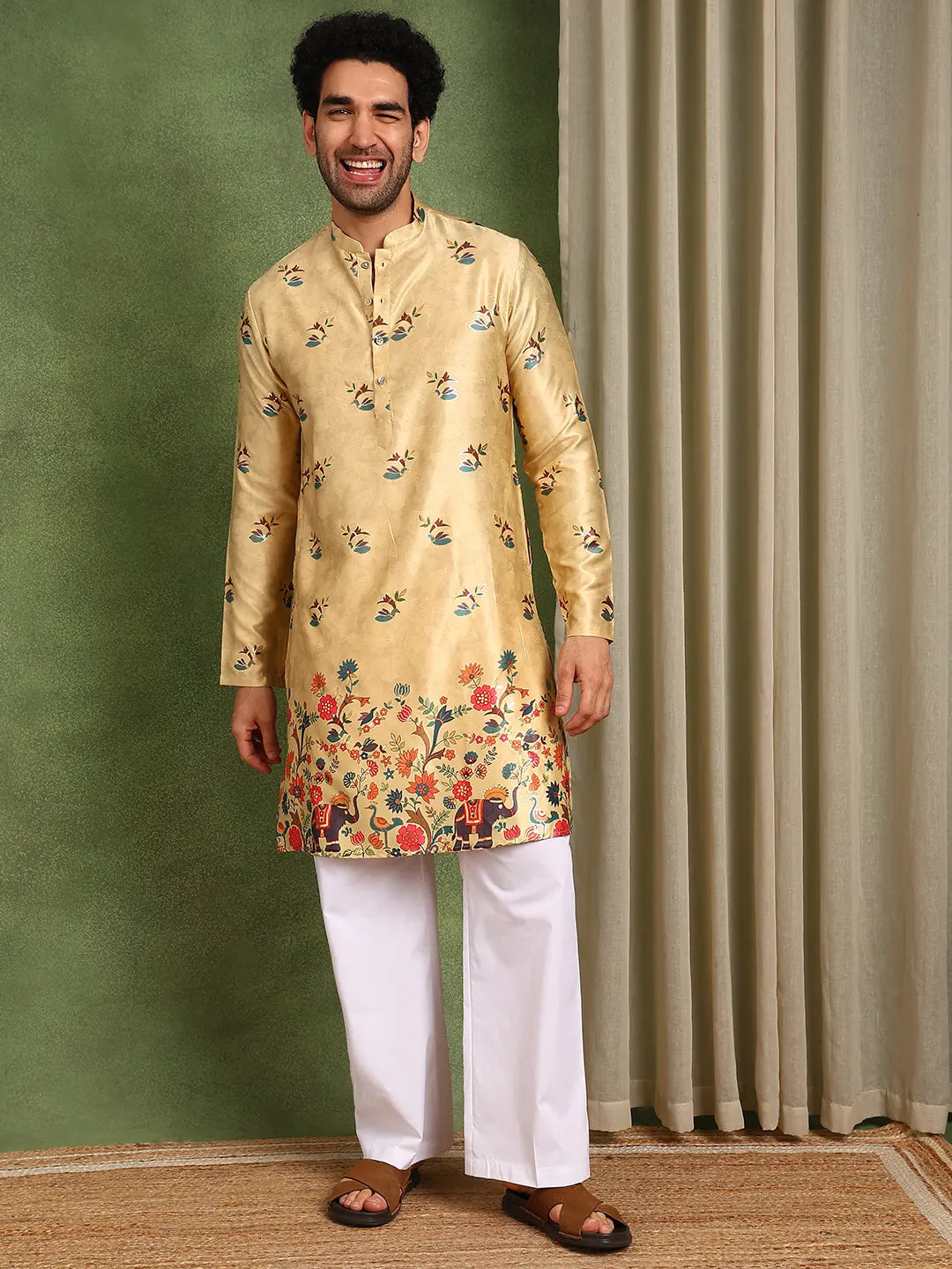 Men Beige Ethnic Motifs Printed Indie Prints Chanderi Silk Kurta