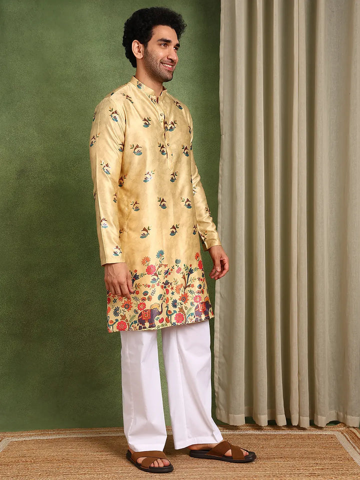 Men Beige Ethnic Motifs Printed Indie Prints Chanderi Silk Kurta