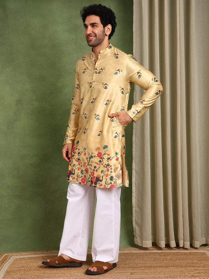 Men Beige Ethnic Motifs Printed Indie Prints Chanderi Silk Kurta
