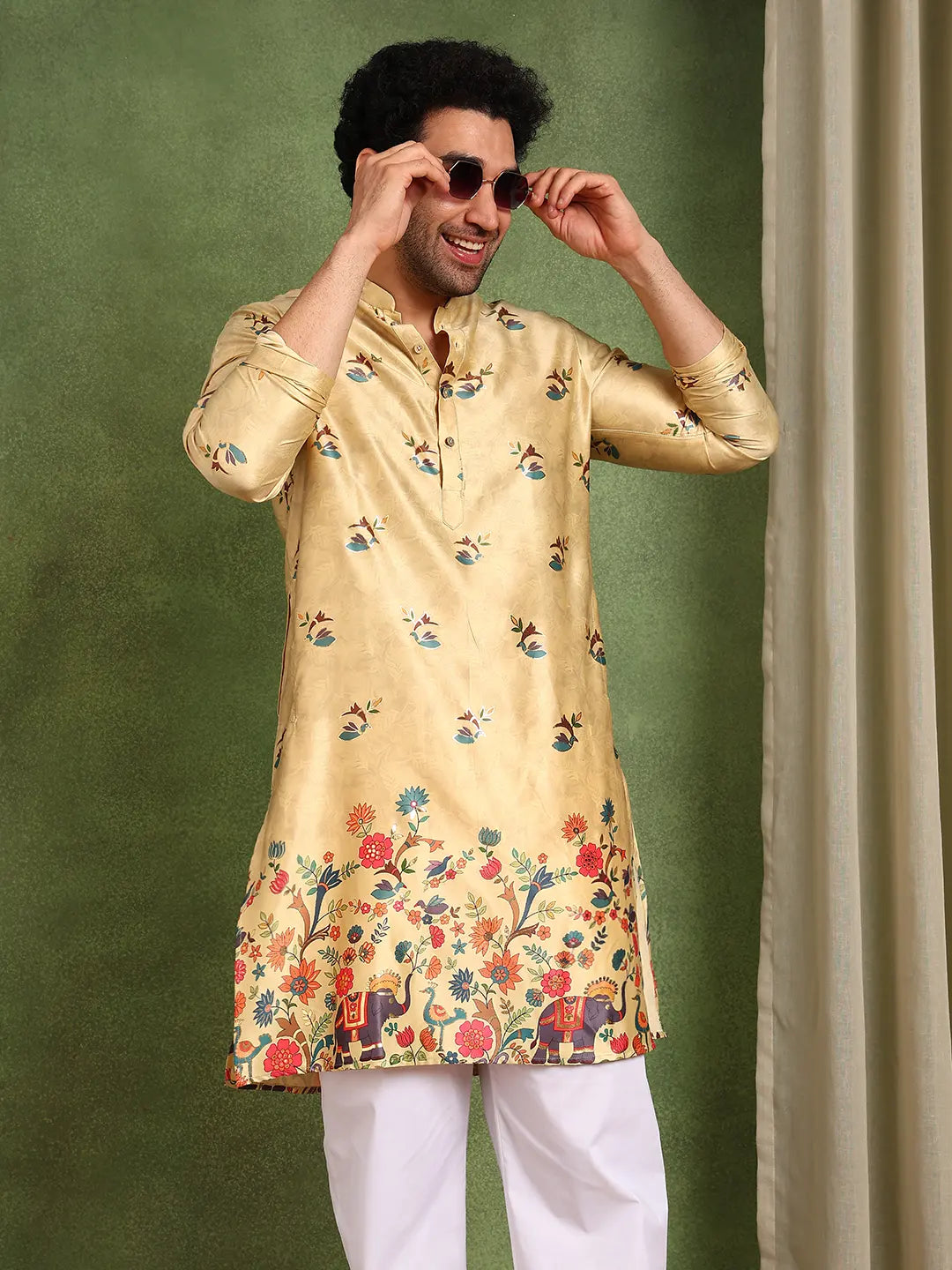 Men Beige Ethnic Motifs Printed Indie Prints Chanderi Silk Kurta