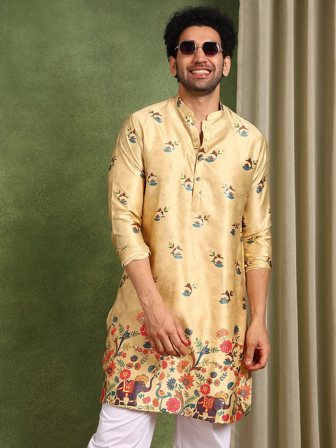 Men Beige Ethnic Motifs Printed Indie Prints Chanderi Silk Kurta
