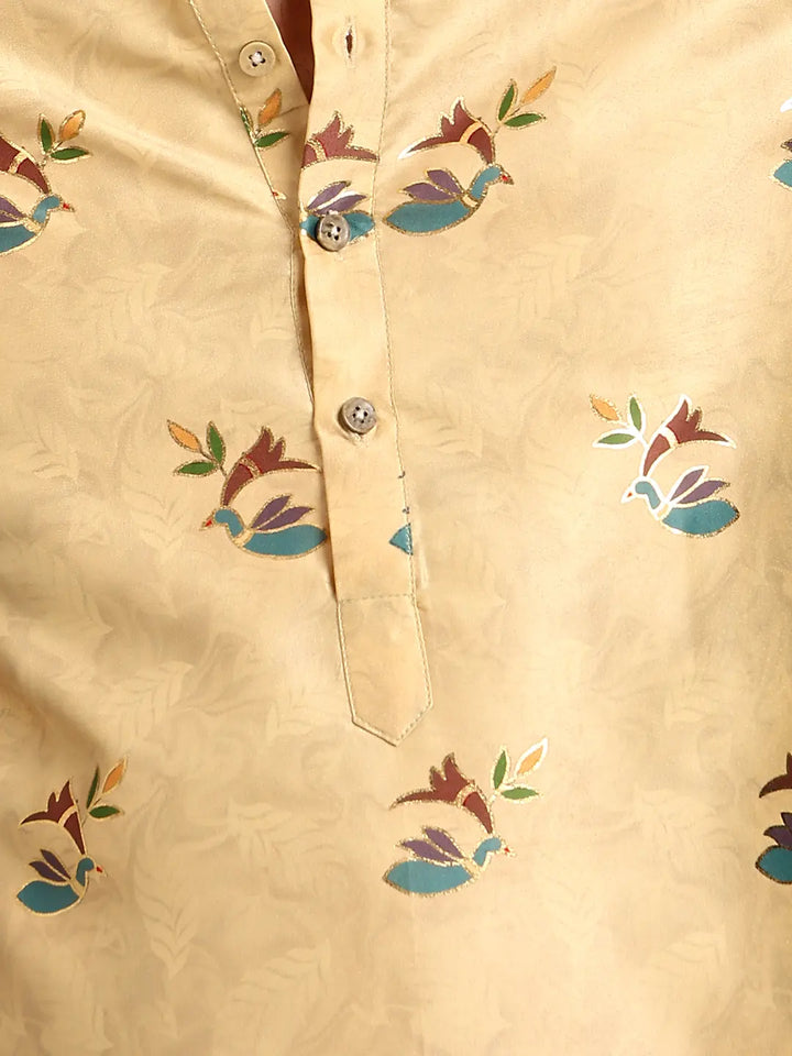 Men Beige Ethnic Motifs Printed Indie Prints Chanderi Silk Kurta
