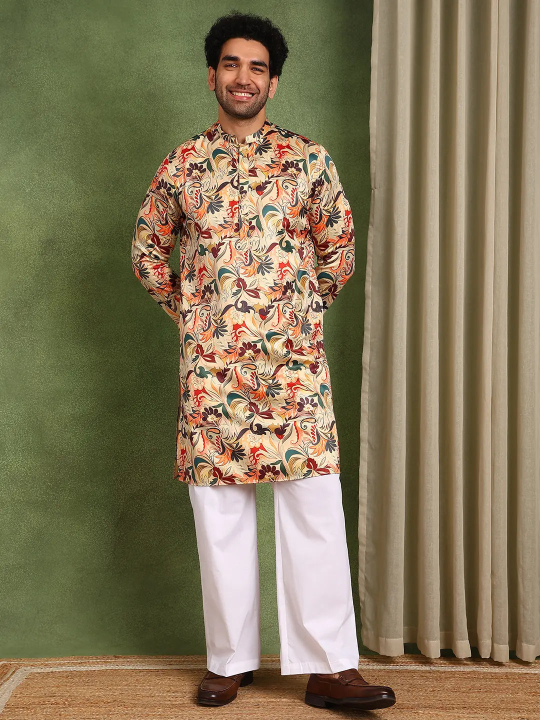 Men Beige Floral Printed Floral Chanderi Silk Kurta