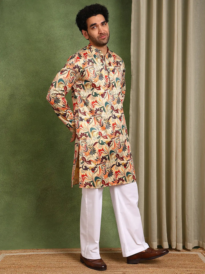 Men Beige Floral Printed Floral Chanderi Silk Kurta