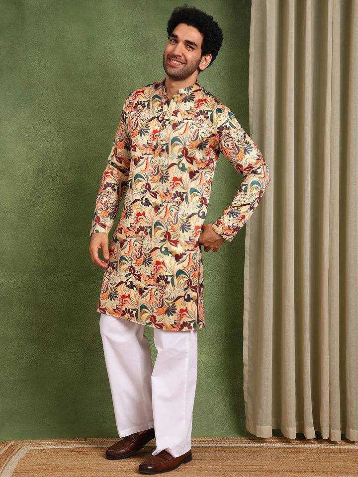Men Beige Floral Printed Floral Chanderi Silk Kurta