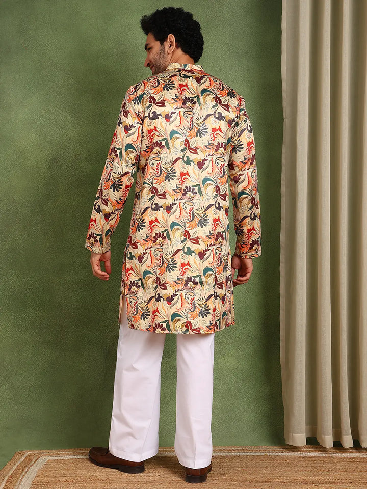 Men Beige Floral Printed Floral Chanderi Silk Kurta