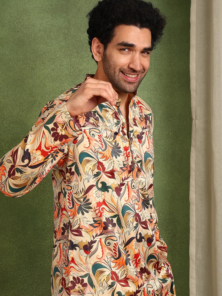 Men Beige Floral Printed Floral Chanderi Silk Kurta