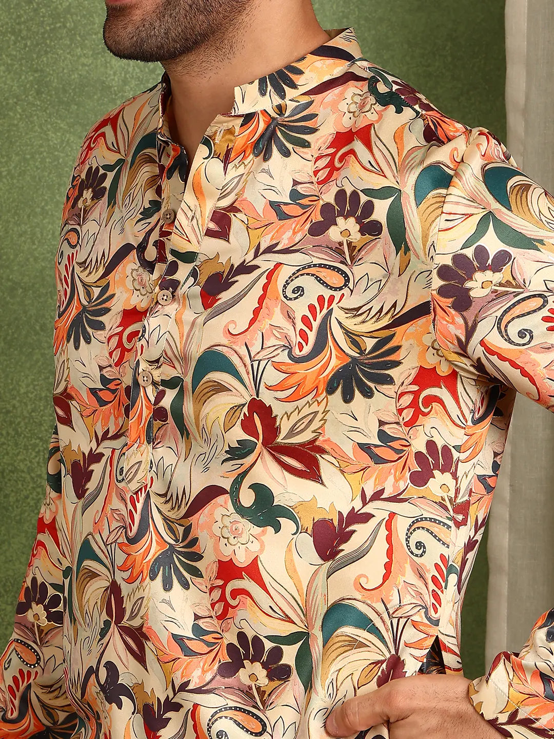 Men Beige Floral Printed Floral Chanderi Silk Kurta