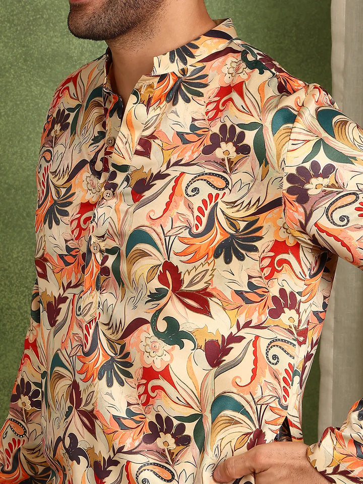 Men Beige Floral Printed Floral Chanderi Silk Kurta