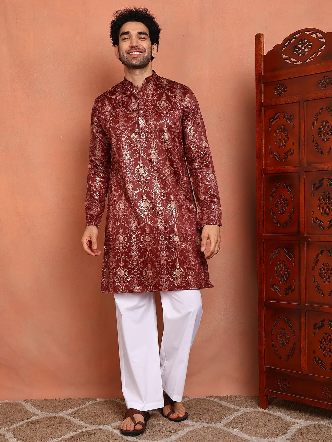 Men Maroon Ethnic Motifs Chanderi Silk Kurta