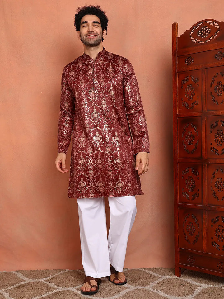 Men Maroon Ethnic Motifs Chanderi Silk Kurta