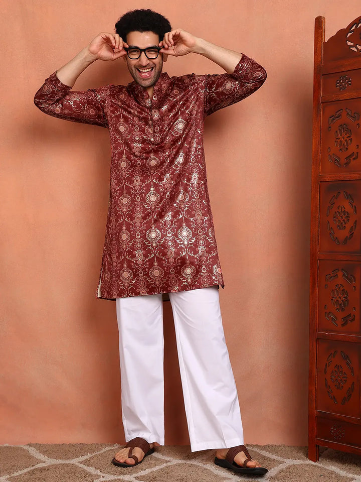 Men Maroon Ethnic Motifs Chanderi Silk Kurta