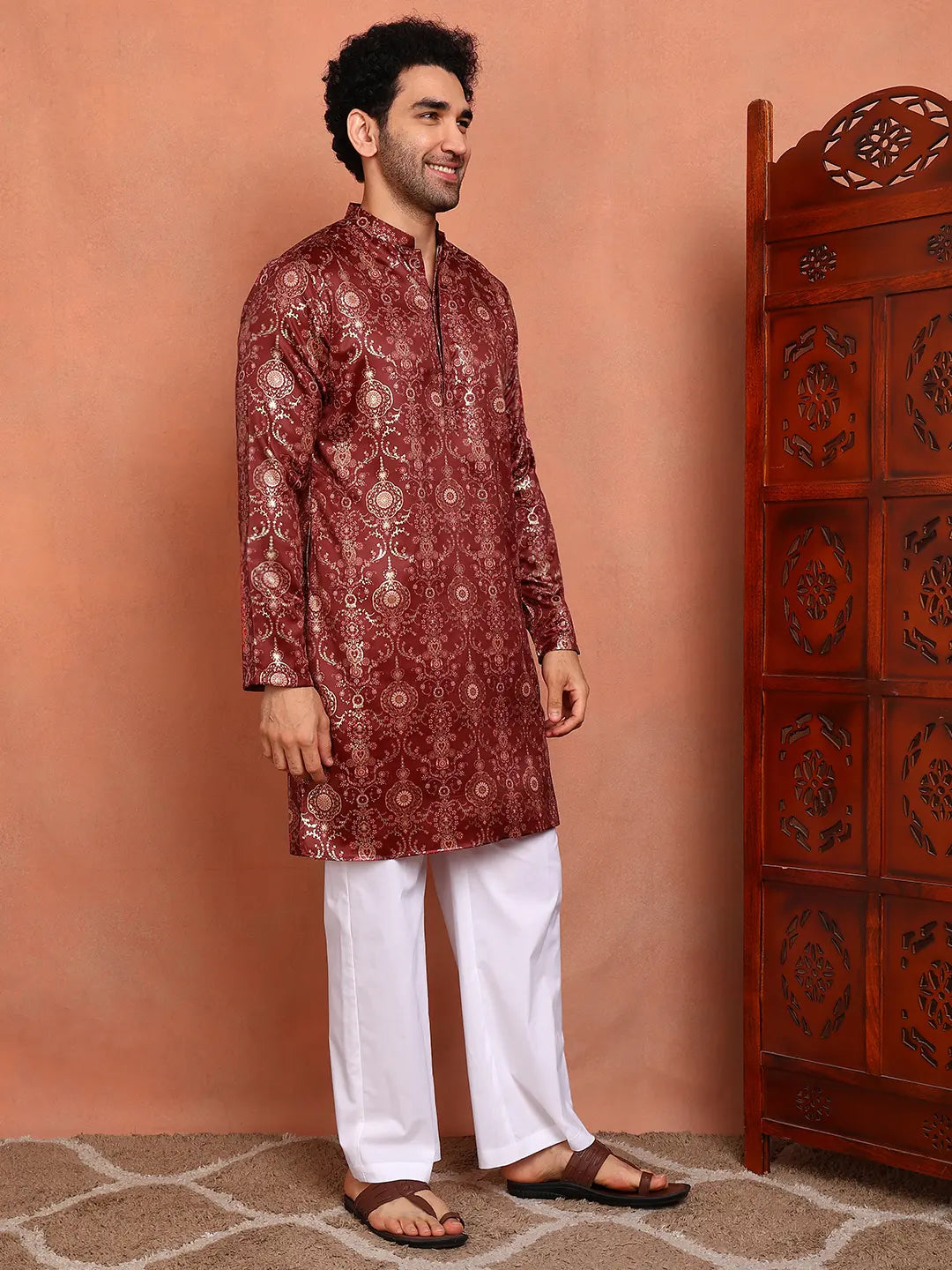 Men Maroon Ethnic Motifs Chanderi Silk Kurta