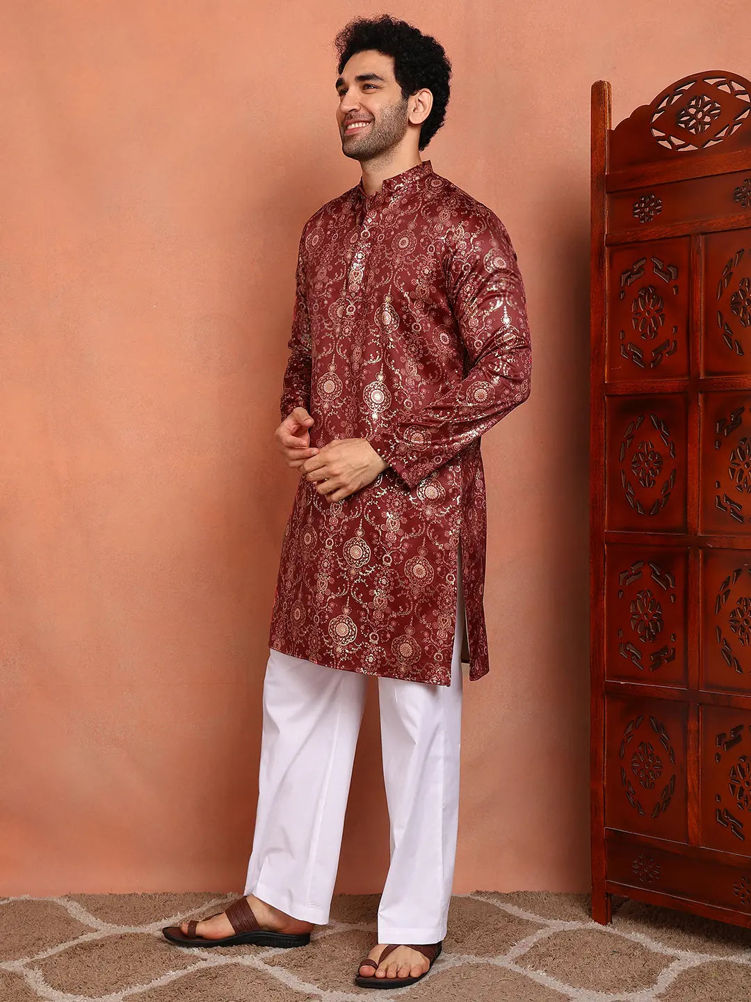 Men Maroon Ethnic Motifs Chanderi Silk Kurta