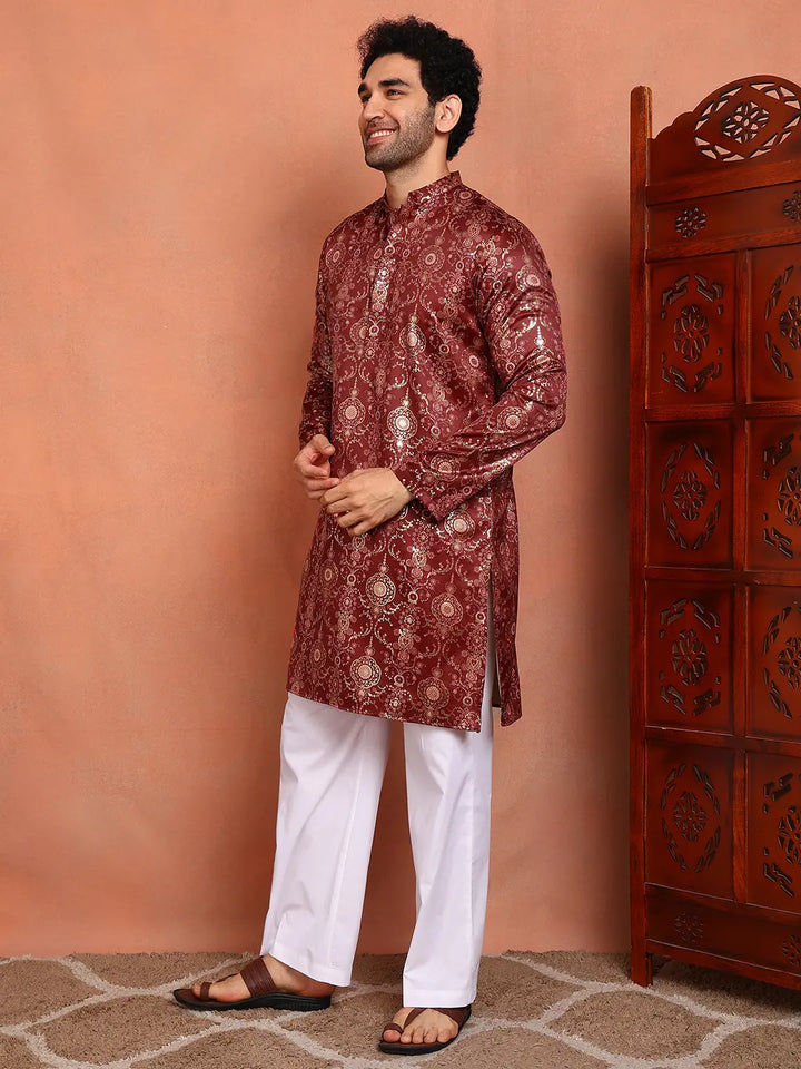 Men Maroon Ethnic Motifs Chanderi Silk Kurta