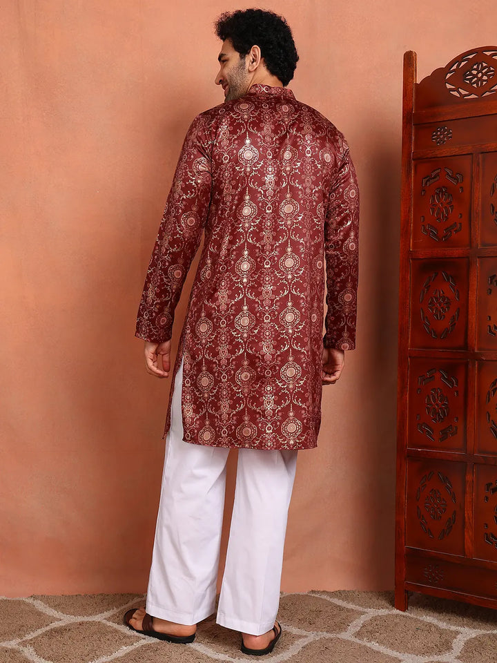 Men Maroon Ethnic Motifs Chanderi Silk Kurta