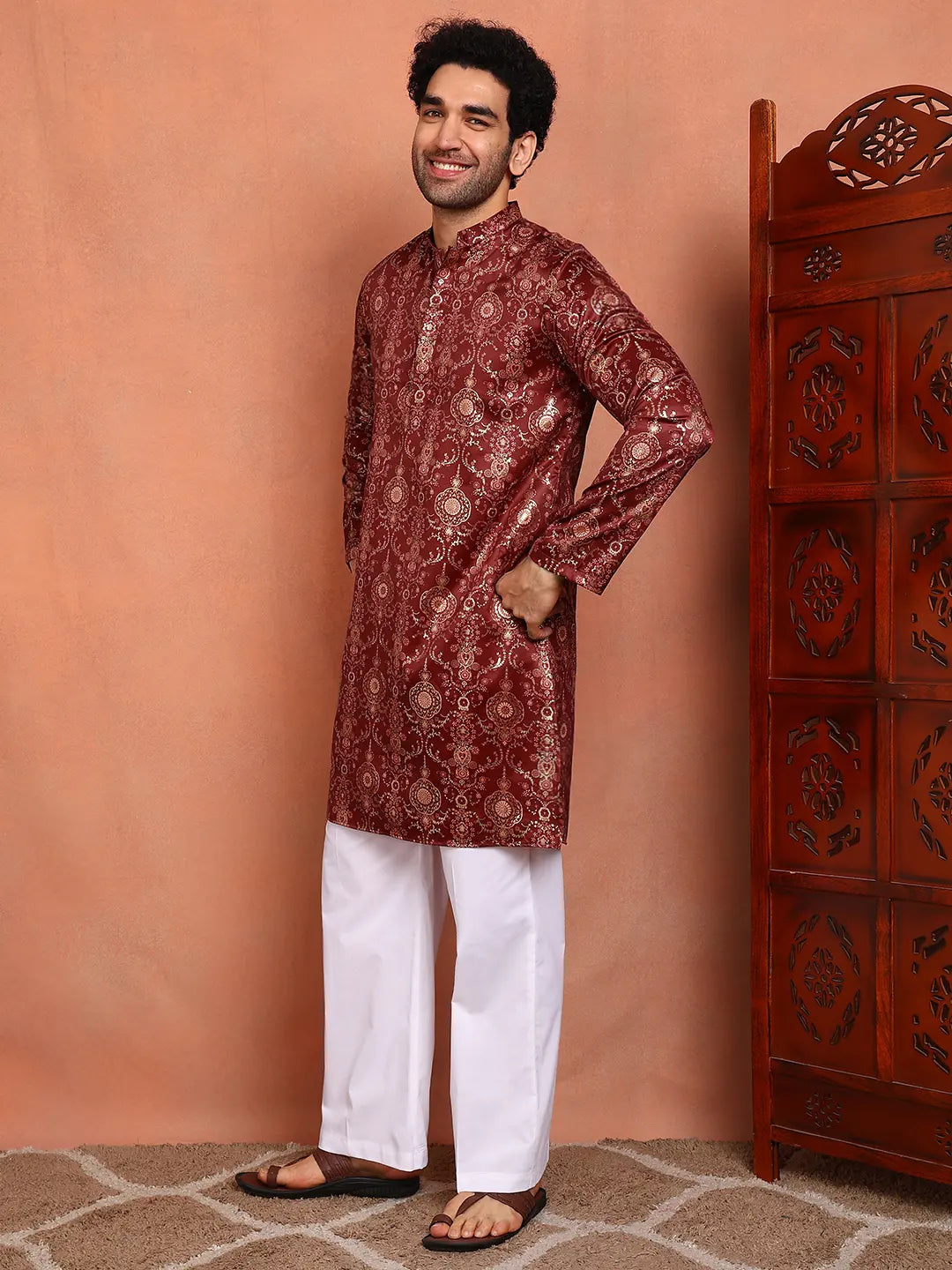 Men Maroon Ethnic Motifs Chanderi Silk Kurta