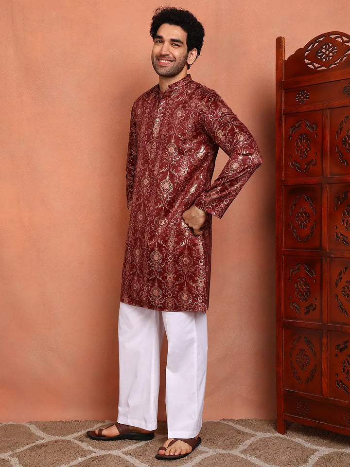 Men Maroon Ethnic Motifs Chanderi Silk Kurta