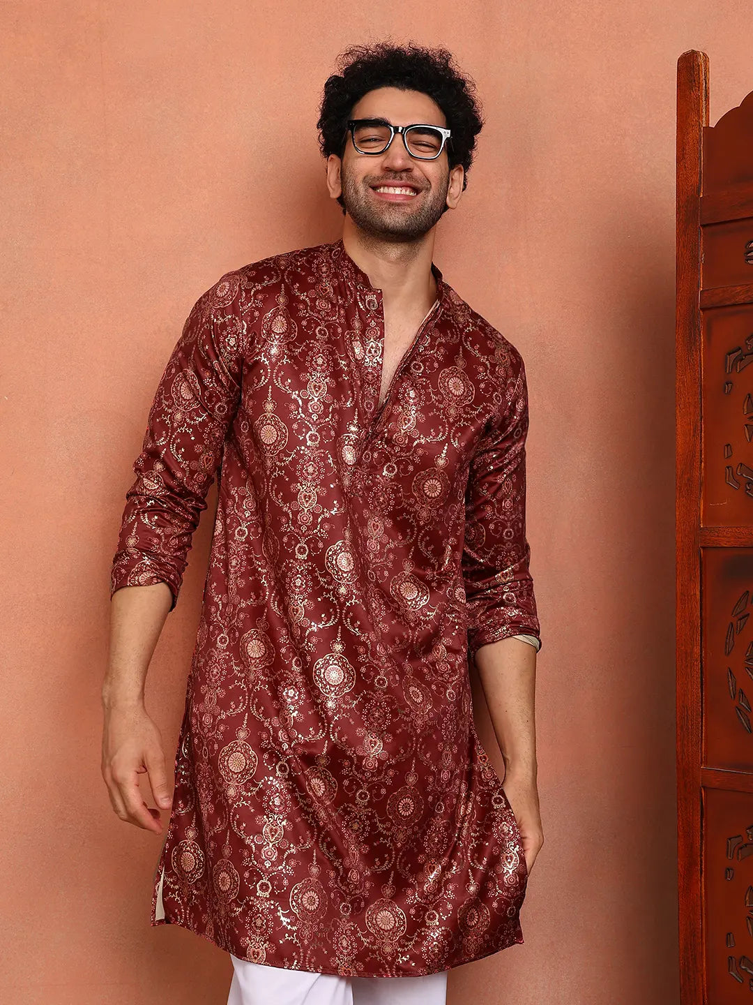 Men Maroon Ethnic Motifs Chanderi Silk Kurta