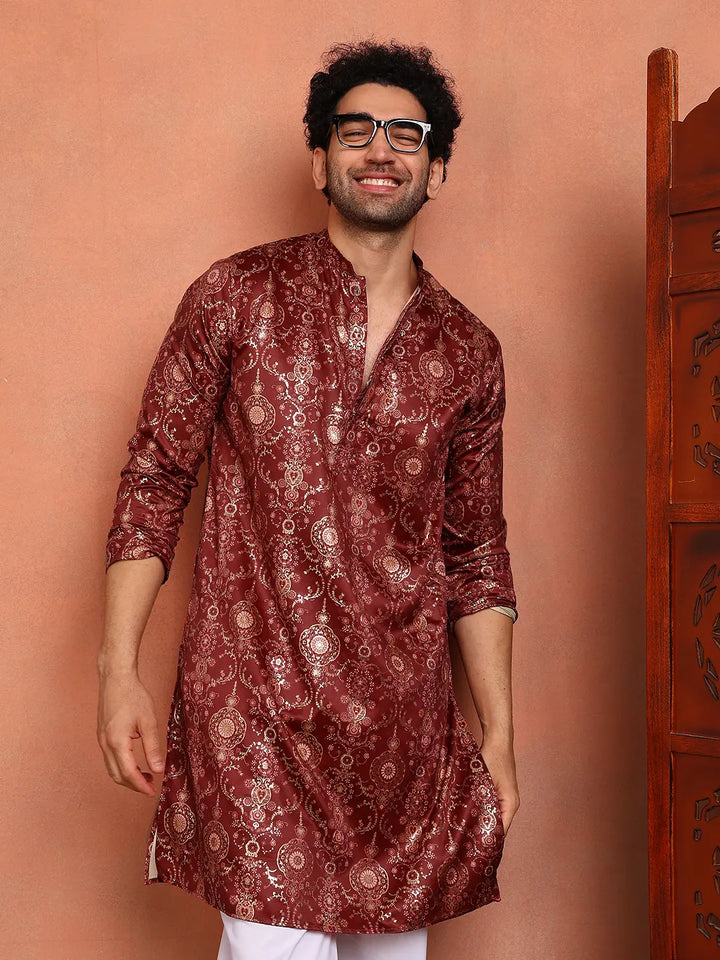 Men Maroon Ethnic Motifs Chanderi Silk Kurta