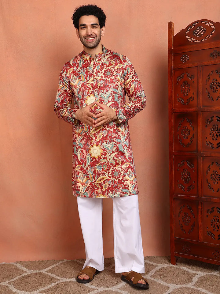 Men Floral Printed Indie Florals Satin Kurta