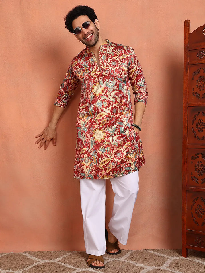 Men Floral Printed Indie Florals Satin Kurta